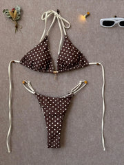 Pink Polka Dot Print Patchwork Micro Bikini Halter Push Up Bra Triangle Swimsuit Bathing Suit Swimwear