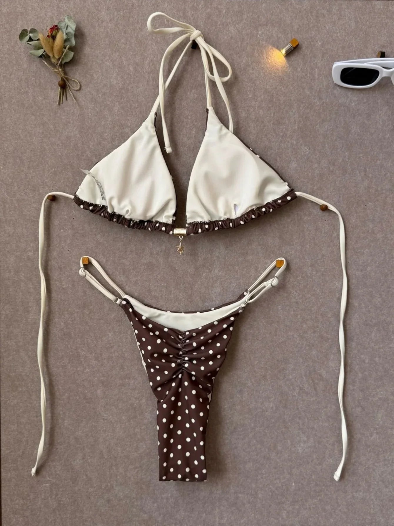 Pink Polka Dot Print Patchwork Micro Bikini Halter Push Up Bra Triangle Swimsuit Bathing Suit Swimwear
