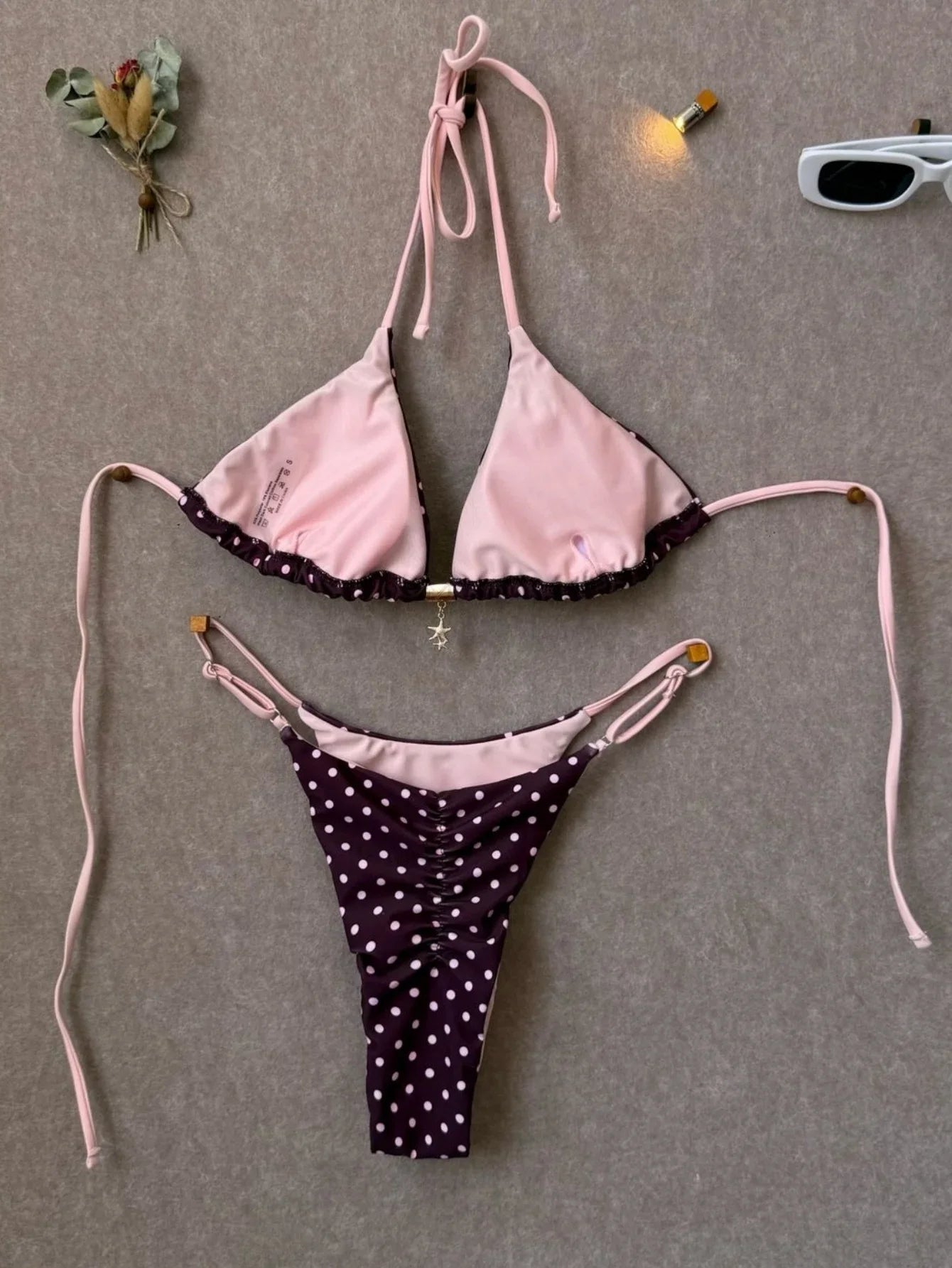 Pink Polka Dot Print Patchwork Micro Bikini Halter Push Up Bra Triangle Swimsuit Bathing Suit Swimwear