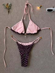 Pink Polka Dot Print Patchwork Micro Bikini Halter Push Up Bra Triangle Swimsuit Bathing Suit Swimwear