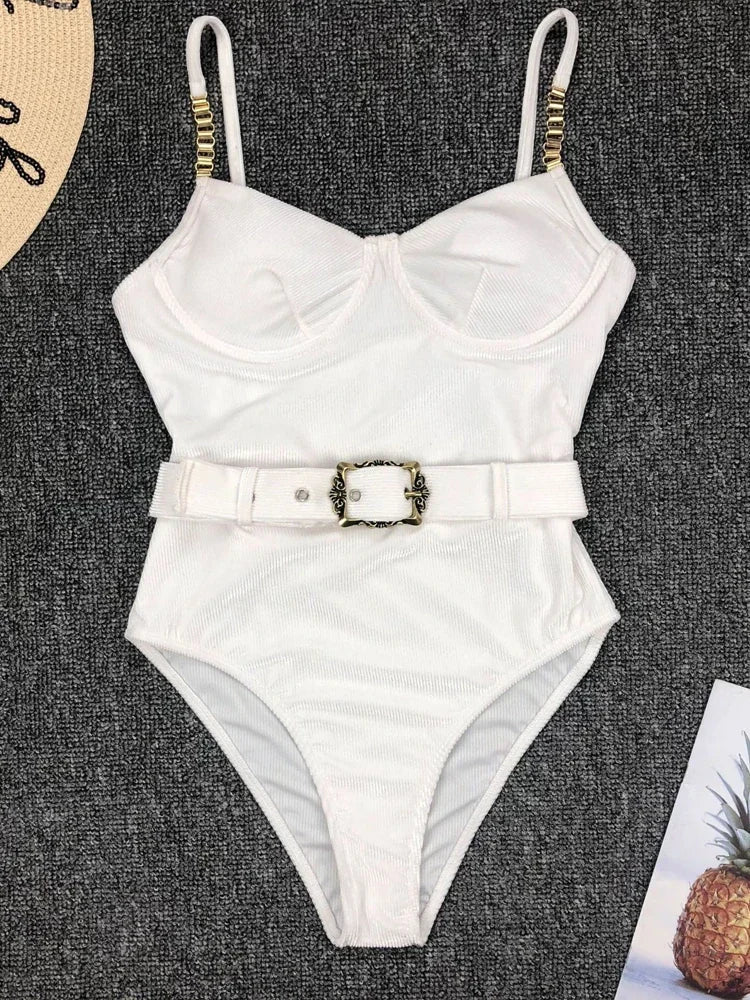 Push Up Underwire Swimwear Solid White Black Padded Buckle One Piece Swimsuit Beach Bathing Suit Bodysuit Monokini