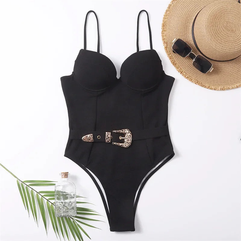 Push Up Underwire Swimwear Solid White Black Padded Buckle One Piece Swimsuit Beach Bathing Suit Bodysuit Monokini