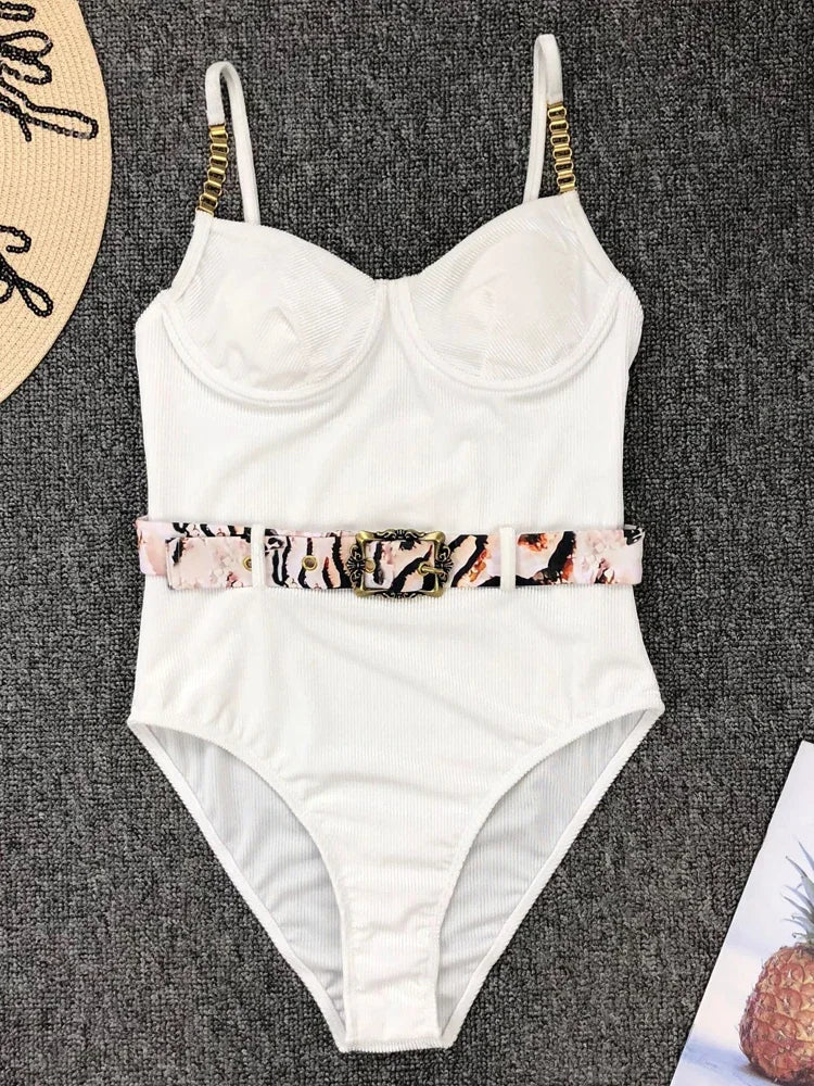 Push Up Underwire Swimwear Solid White Black Padded Buckle One Piece Swimsuit Beach Bathing Suit Bodysuit Monokini
