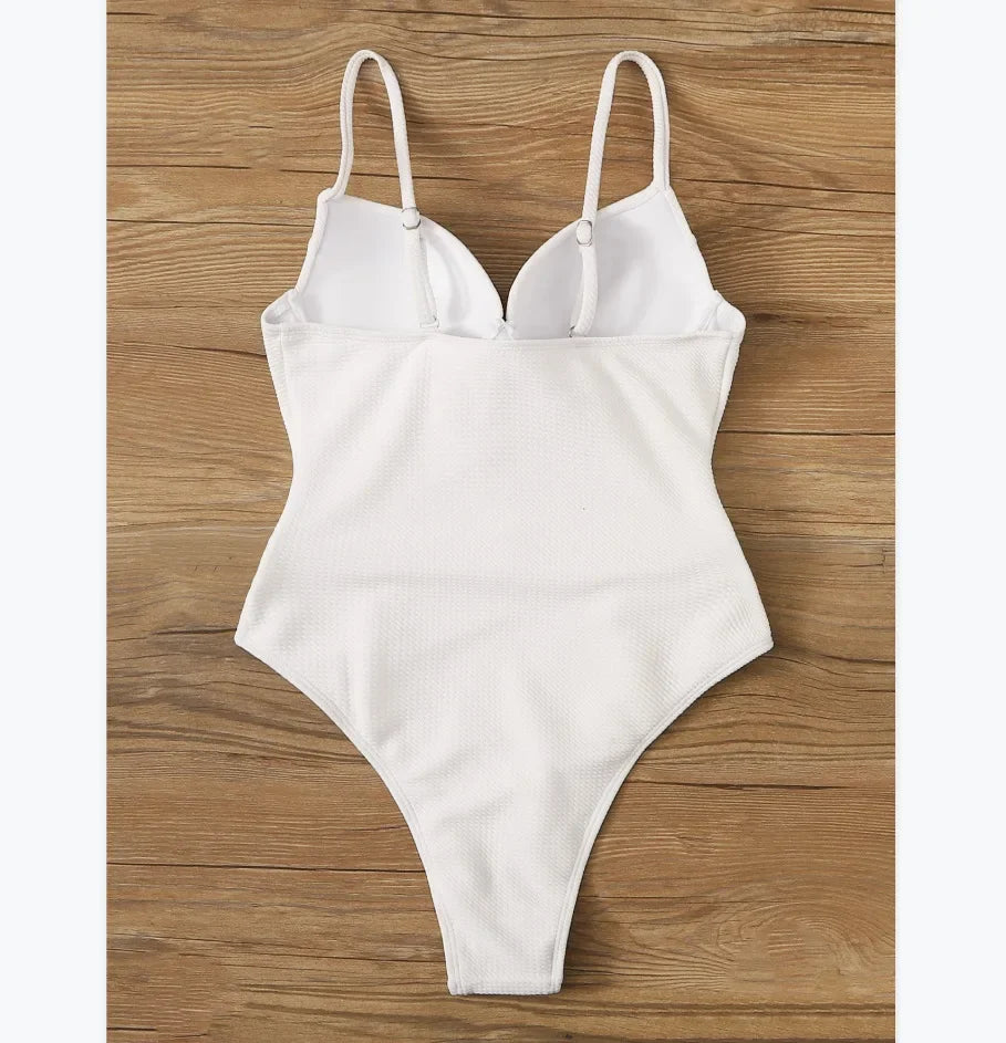 Push Up Underwire Swimwear Solid White Black Padded Buckle One Piece Swimsuit Beach Bathing Suit Bodysuit Monokini