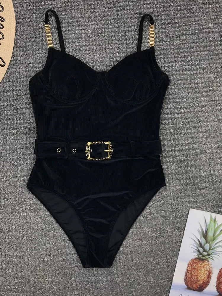Push Up Underwire Swimwear Solid White Black Padded Buckle One Piece Swimsuit Beach Bathing Suit Bodysuit Monokini