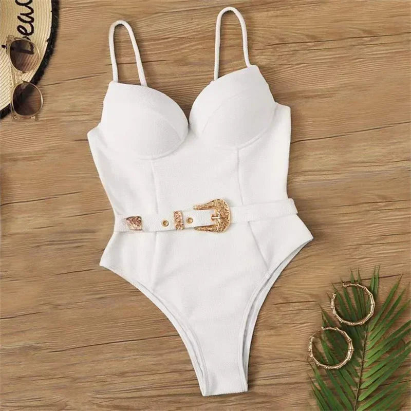 Push Up Underwire Swimwear Solid White Black Padded Buckle One Piece Swimsuit Beach Bathing Suit Bodysuit Monokini