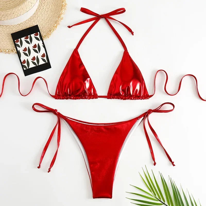 Red Shiny Triangle Micro Thong Bikinis Sets