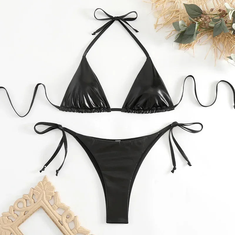 Red Shiny Triangle Micro Thong Bikinis Sets