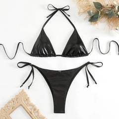 Red Shiny Triangle Micro Thong Bikinis Sets