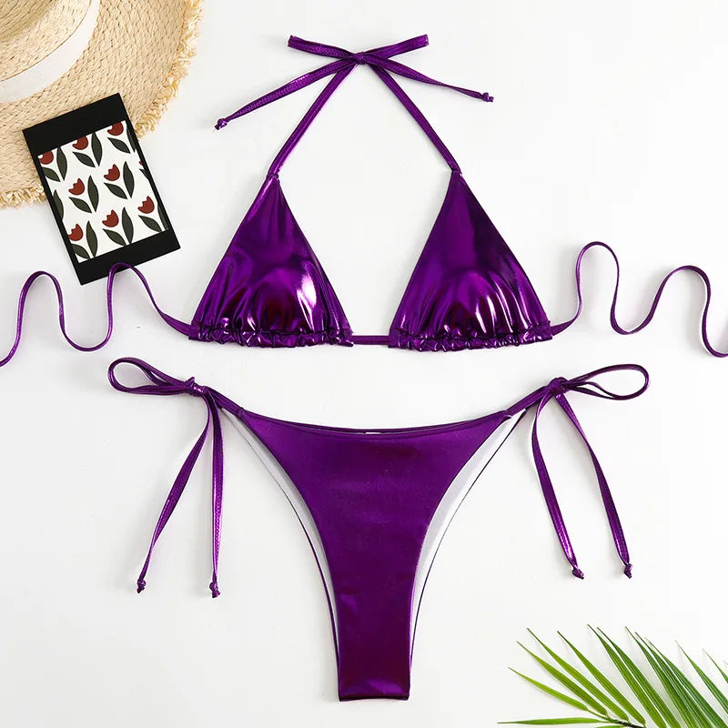 Red Shiny Triangle Micro Thong Bikinis Sets