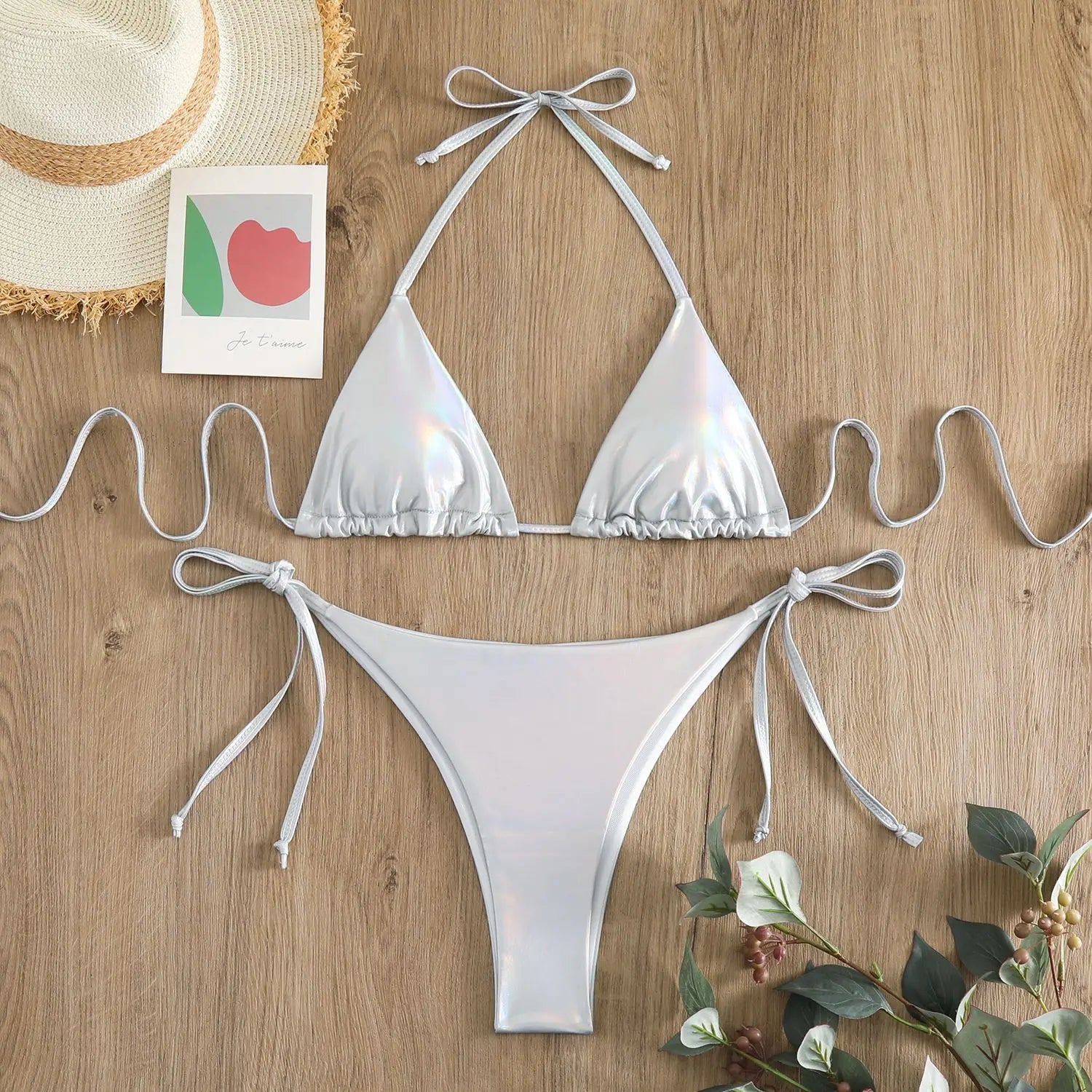 Red Shiny Triangle Micro Thong Bikinis Sets
