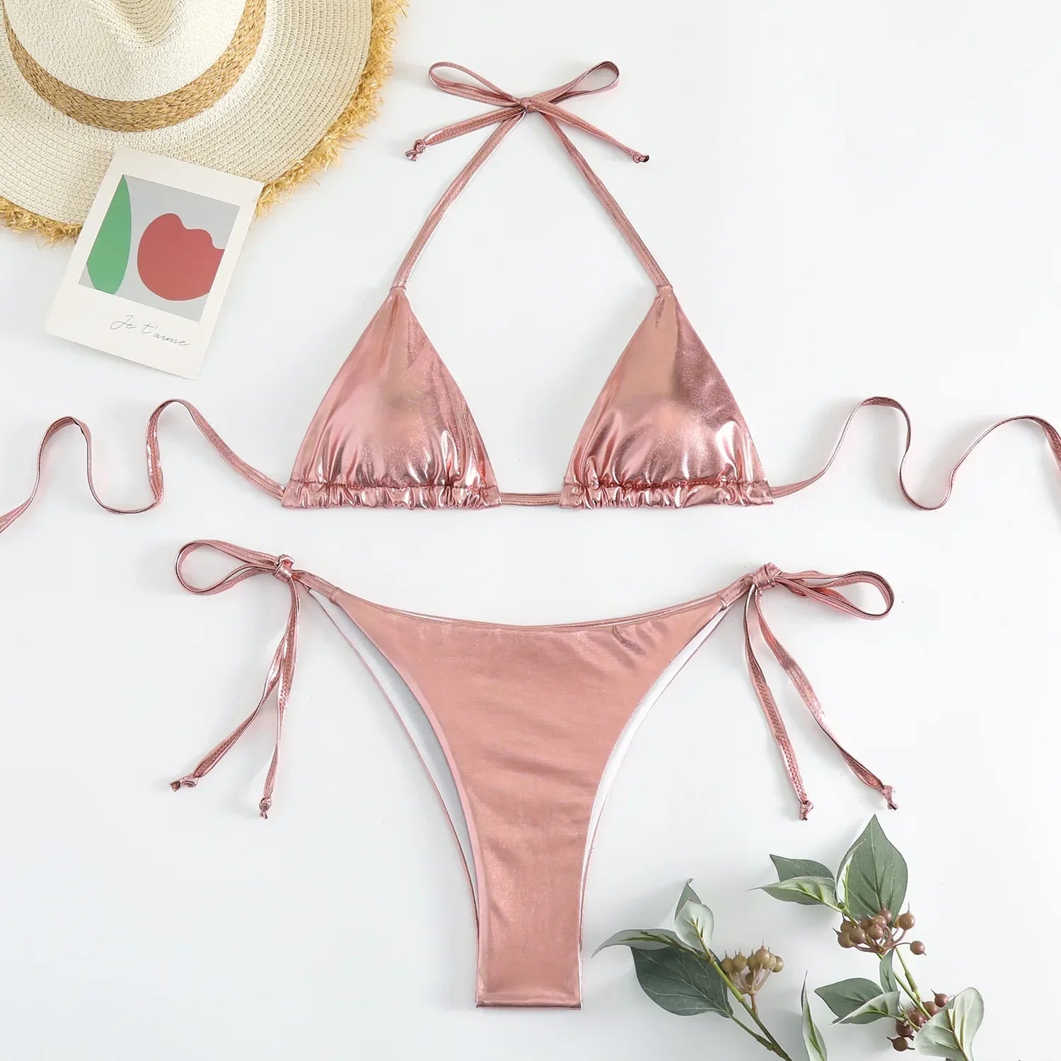 Red Shiny Triangle Micro Thong Bikinis Sets
