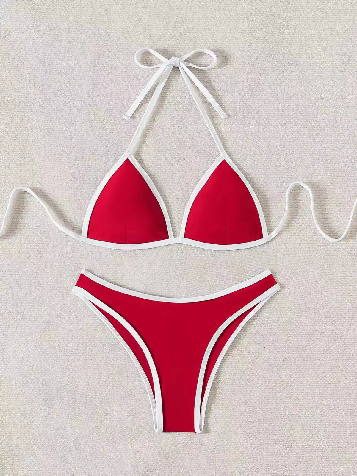 Red Swimsuit Halter Push Up Bra Thong Swimwear Holiday Bikinis Sets