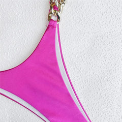 Rose Red Satin Swimwear Bandeau Metal Ring Bikinis Sets