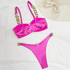 Rose Red Satin Swimwear Bandeau Metal Ring Bikinis Sets