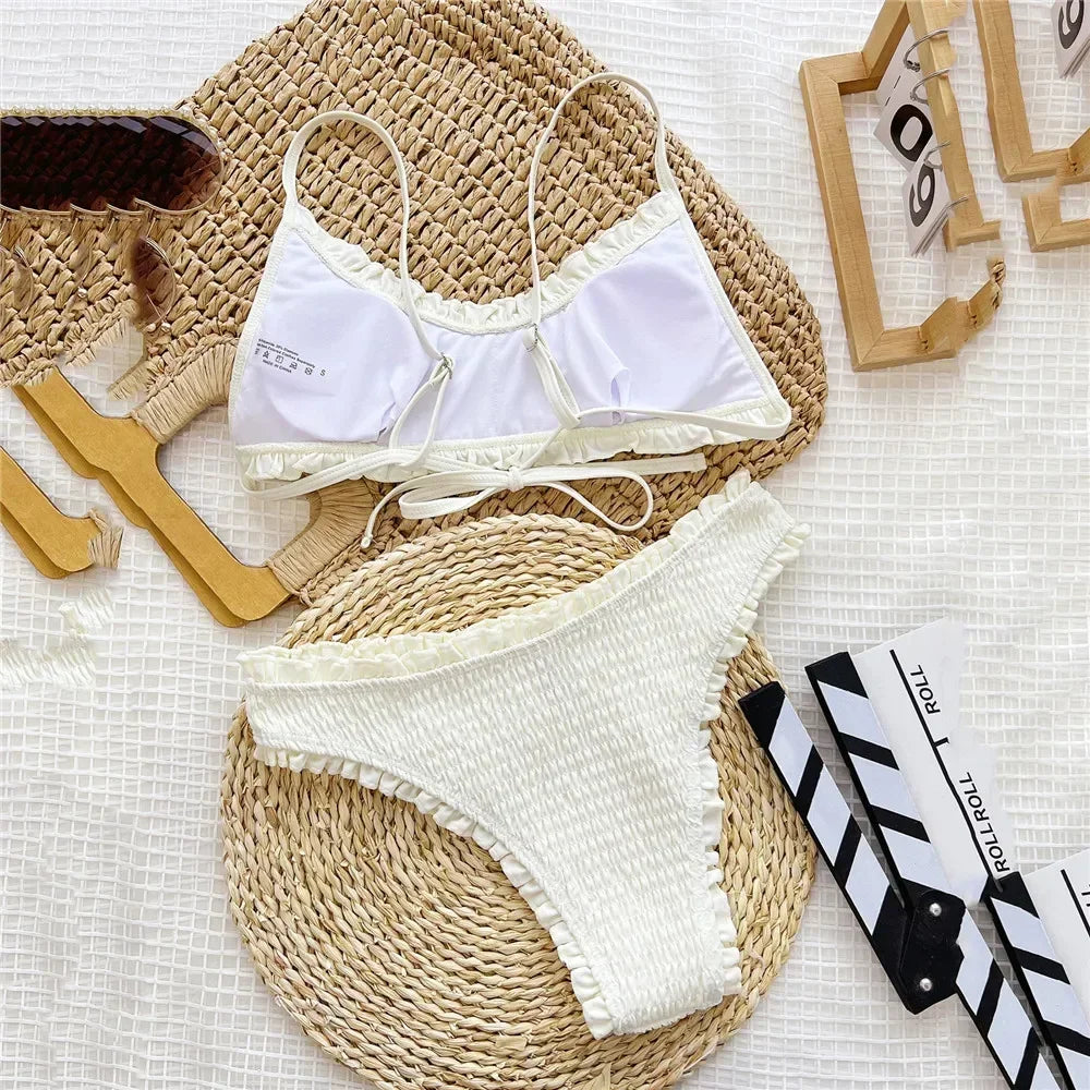Ruffled Edge White High Waisted Bikinis Sets