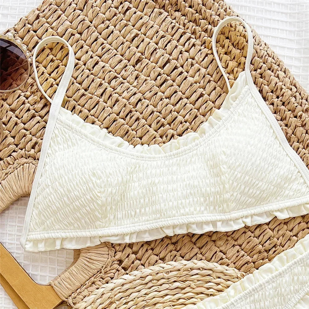 Ruffled Edge White High Waisted Bikinis Sets
