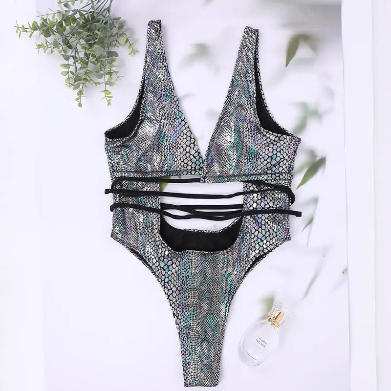 Silver Snake Skin Print Swimwear Bandage Padded One Piece Swimsuit Hollow Out Push Up Backless Bathing Suit Monokini