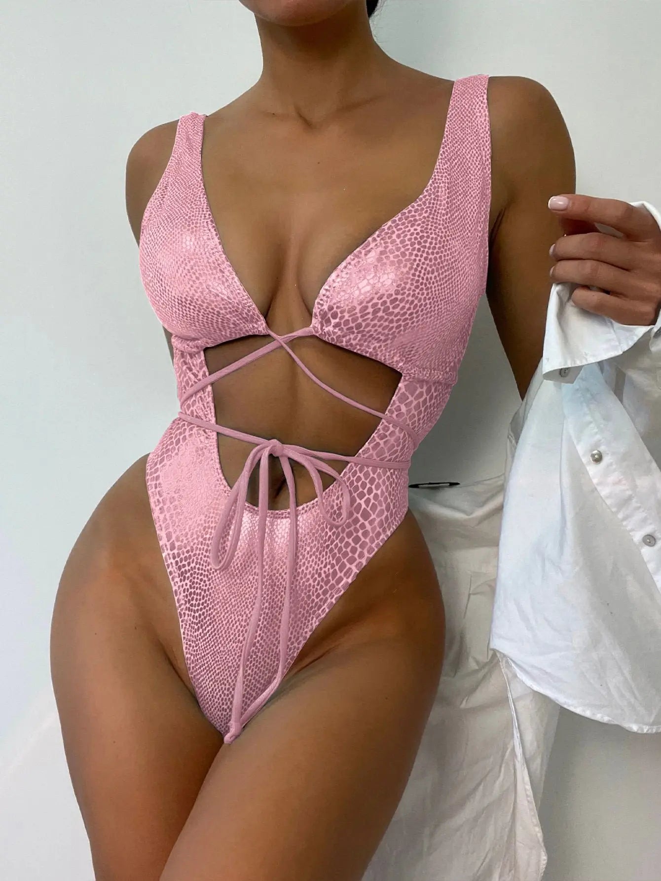 Silver Snake Skin Print Swimwear Bandage Padded One Piece Swimsuit Hollow Out Push Up Backless Bathing Suit Monokini