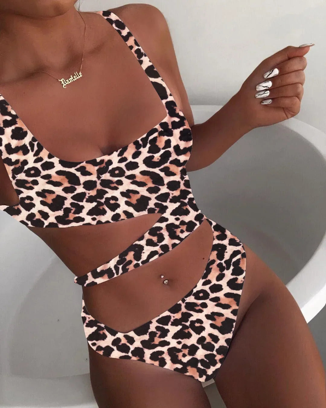 Solid Black One Piece Swimsuit Beach Leopard Push Up Tummy Control Swimwear Cut Out Bathing Suit High Waist Swimwear