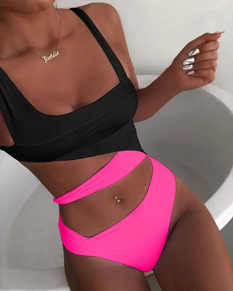 Solid Black One Piece Swimsuit Beach Leopard Push Up Tummy Control Swimwear Cut Out Bathing Suit High Waist Swimwear