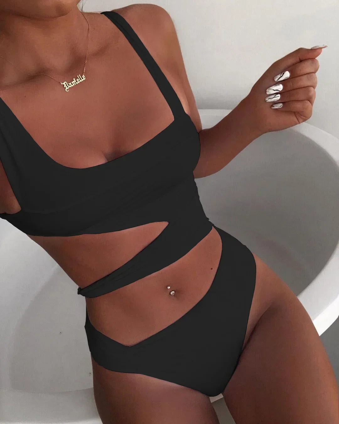 Solid Black One Piece Swimsuit Beach Leopard Push Up Tummy Control Swimwear Cut Out Bathing Suit High Waist Swimwear