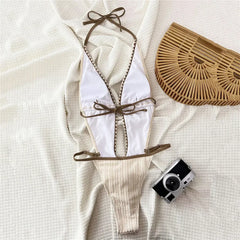 String Halter Backless Swimwear One Piece Swimsuit Hollow Out Monokini Beige Texture Bathing Swimming Suit Wear