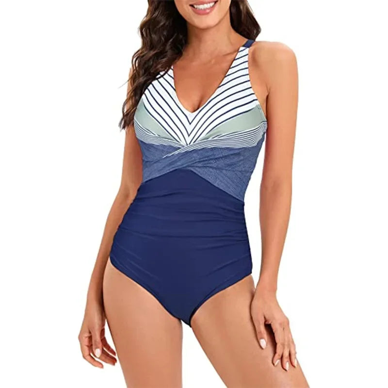 Stripe Patchwork Swimwear V-neck One Piece Bikini High Waist Slim Monokini Suspender Backless Beachwear
