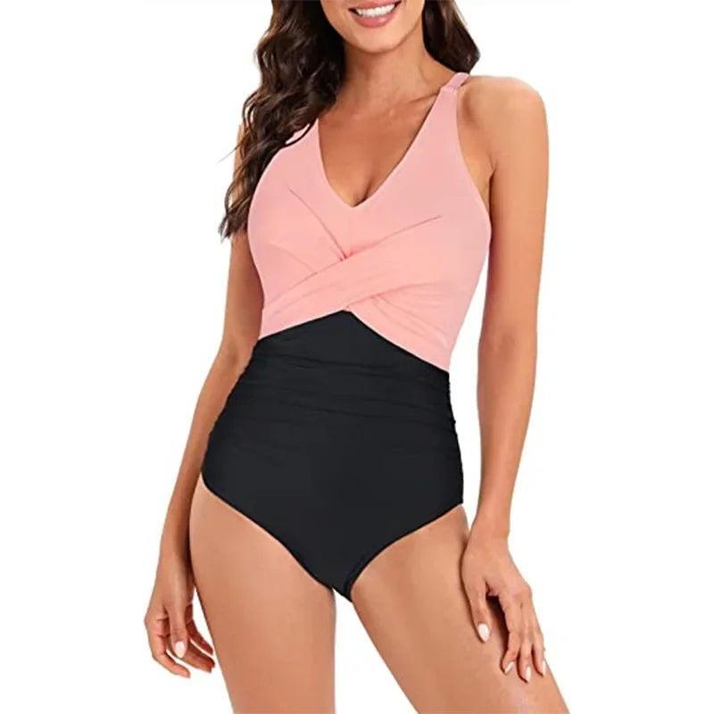Stripe Patchwork Swimwear V-neck One Piece Bikini High Waist Slim Monokini Suspender Backless Beachwear