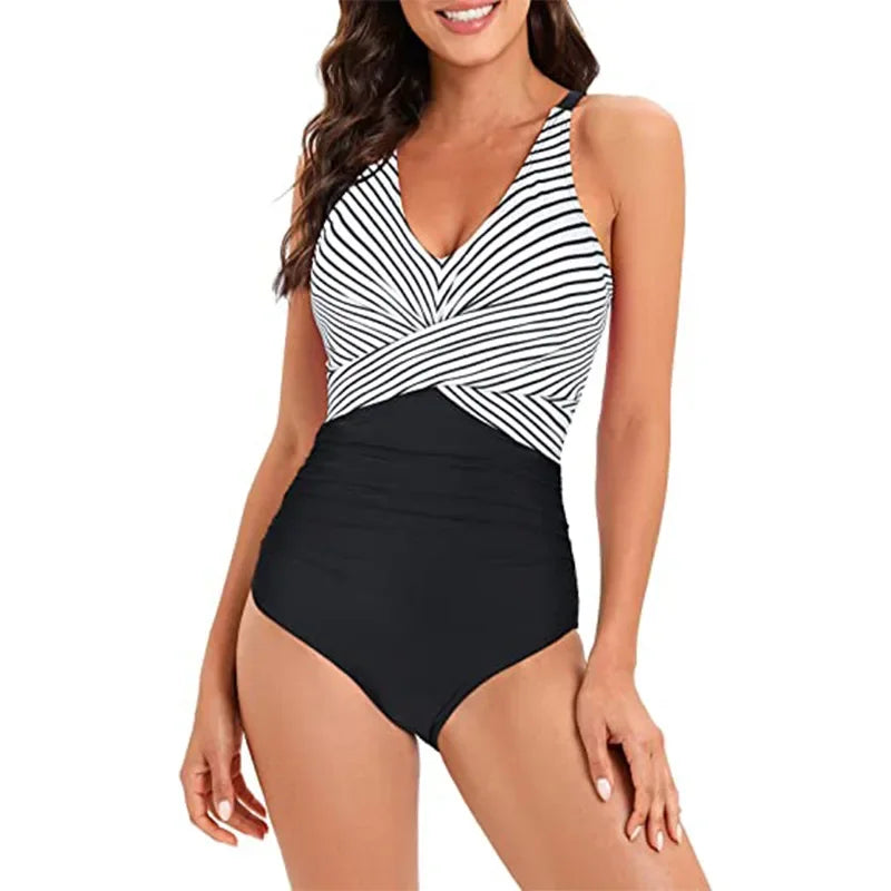 Stripe Patchwork Swimwear V-neck One Piece Bikini High Waist Slim Monokini Suspender Backless Beachwear