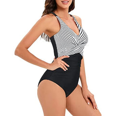 Stripe Patchwork Swimwear V-neck One Piece Bikini High Waist Slim Monokini Suspender Backless Beachwear