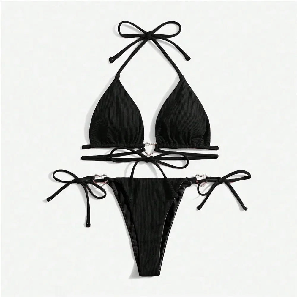 Swimsuit Black Halter String Triangle Micro Bikini Thong Heart Ring Ribbed Swimwear Bathing Suit Bikinis Sets