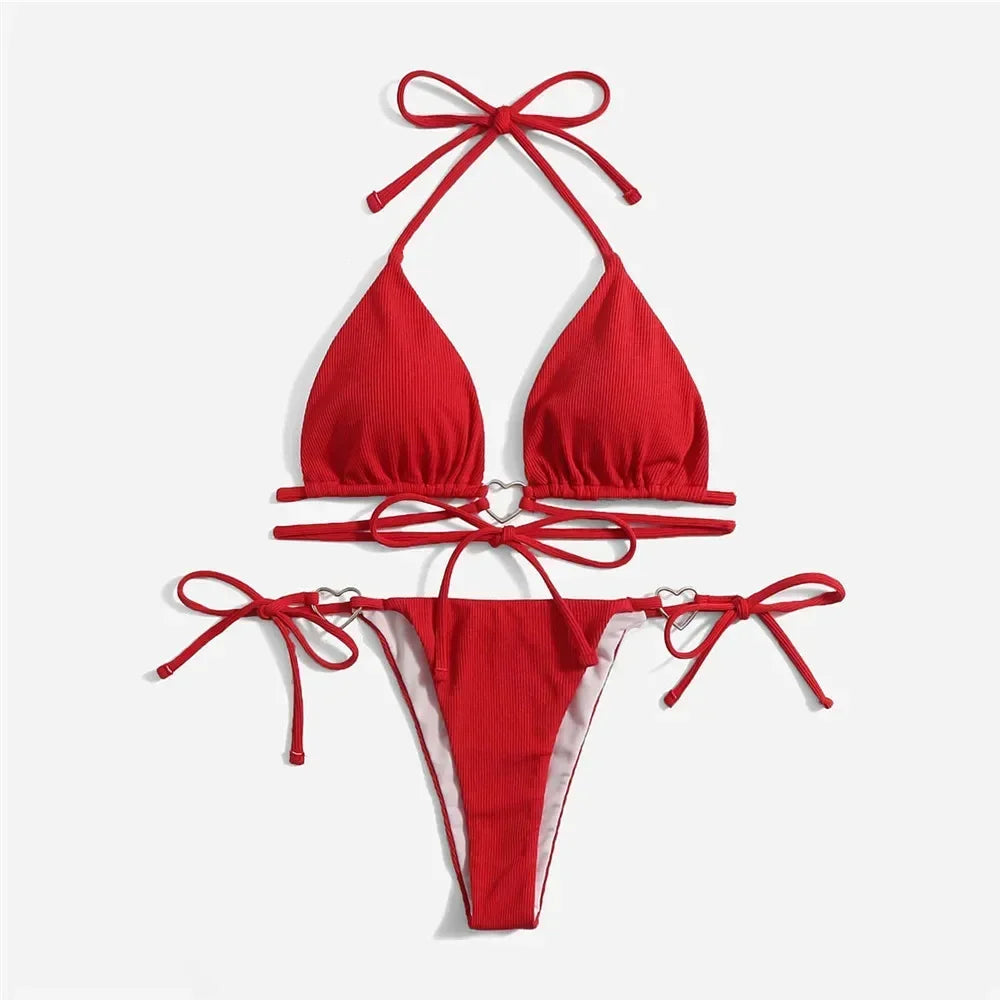 Swimsuit Black Halter String Triangle Micro Bikini Thong Heart Ring Ribbed Swimwear Bathing Suit Bikinis Sets