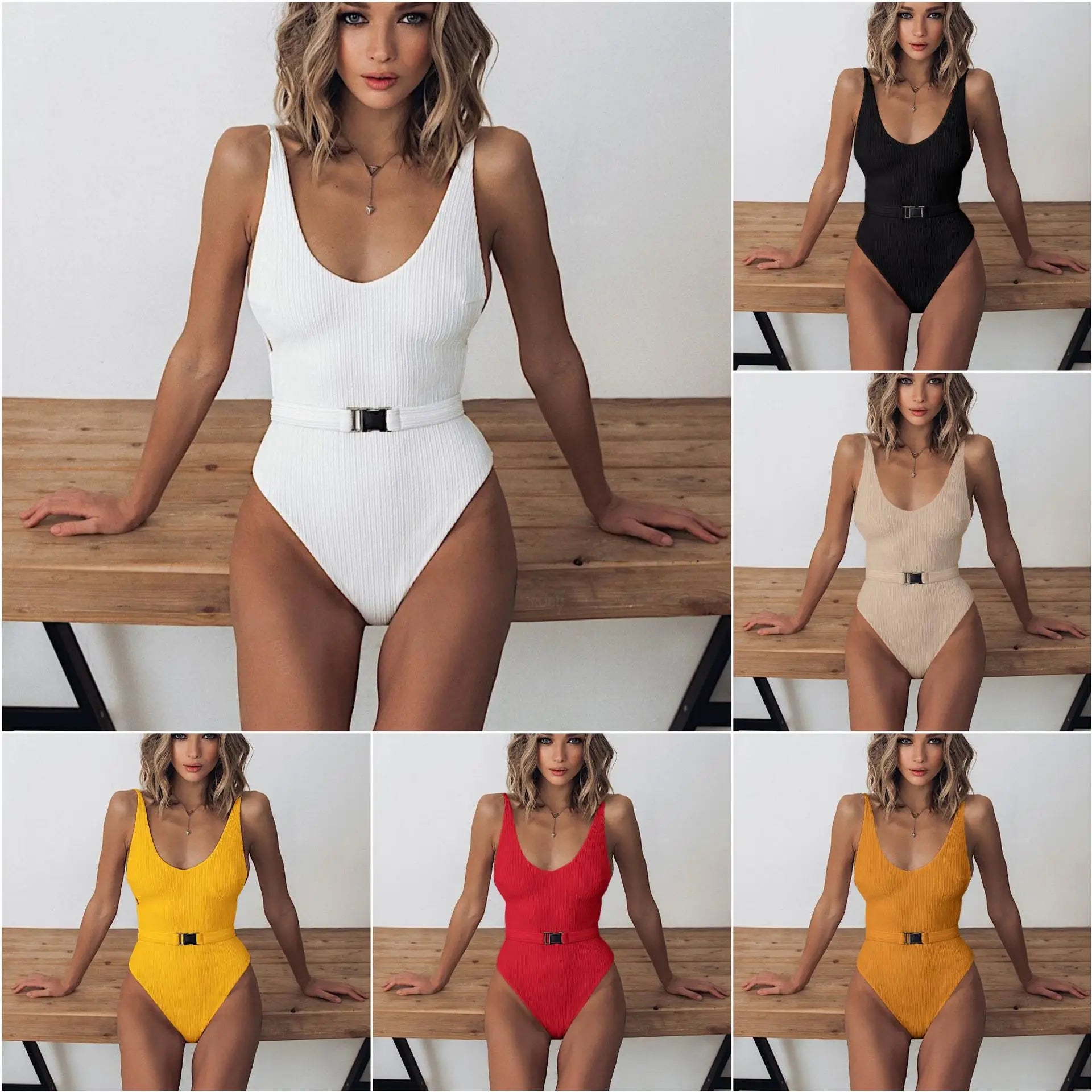 Swimwear Solid Yellow Push Up Buckle One Piece Swimsuit Monokini Beach Bathing Suit Backless Swim Suit Bañadores 2026