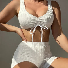 White High Waist Ribbed Bottom Shorts Swimwear Two Piece Bikinis Set