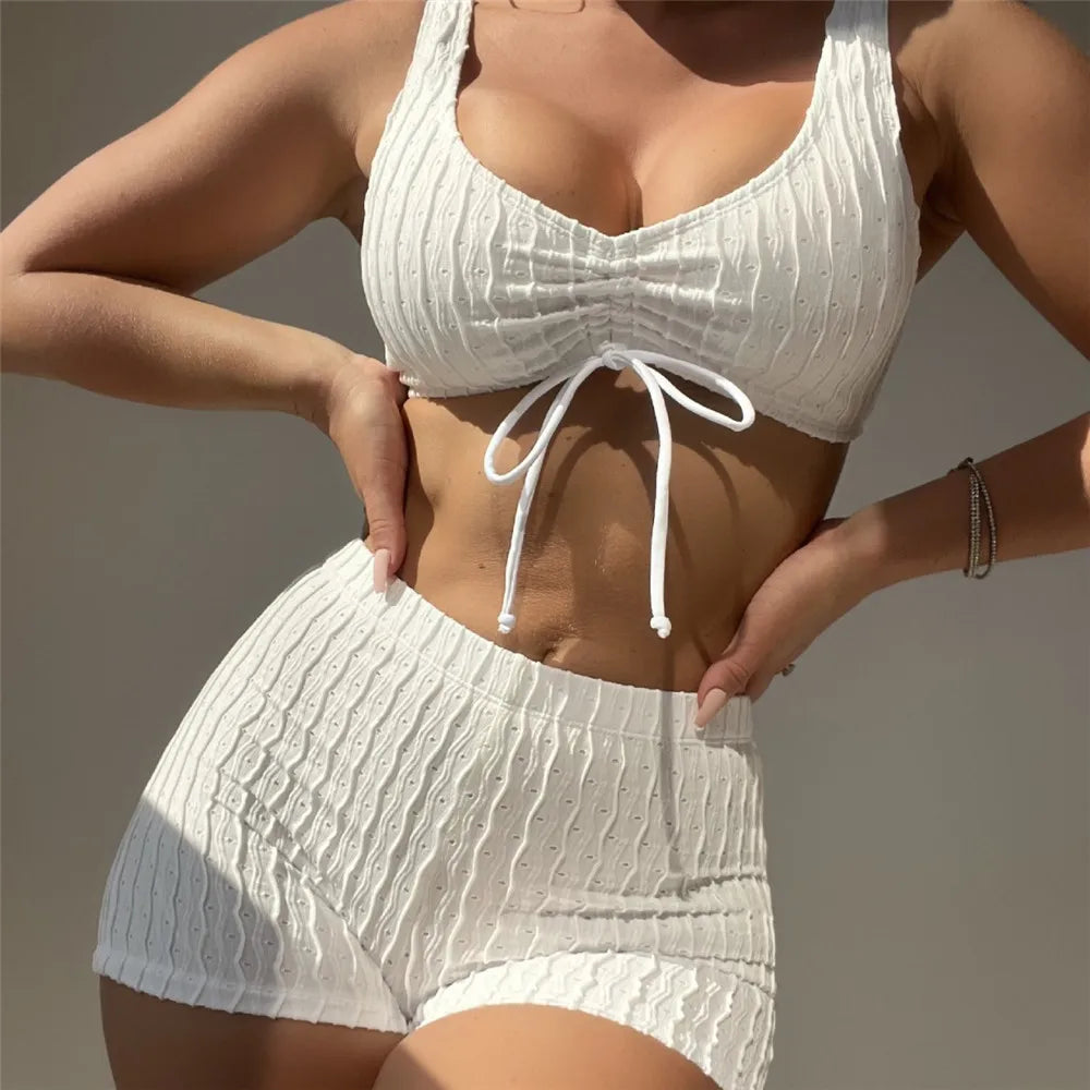 White High Waist Ribbed Bottom Shorts Swimwear Two Piece Bikinis Set