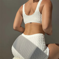 White High Waist Ribbed Bottom Shorts Swimwear Two Piece Bikinis Set