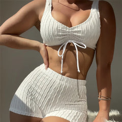 White High Waist Ribbed Bottom Shorts Swimwear Two Piece Bikinis Set