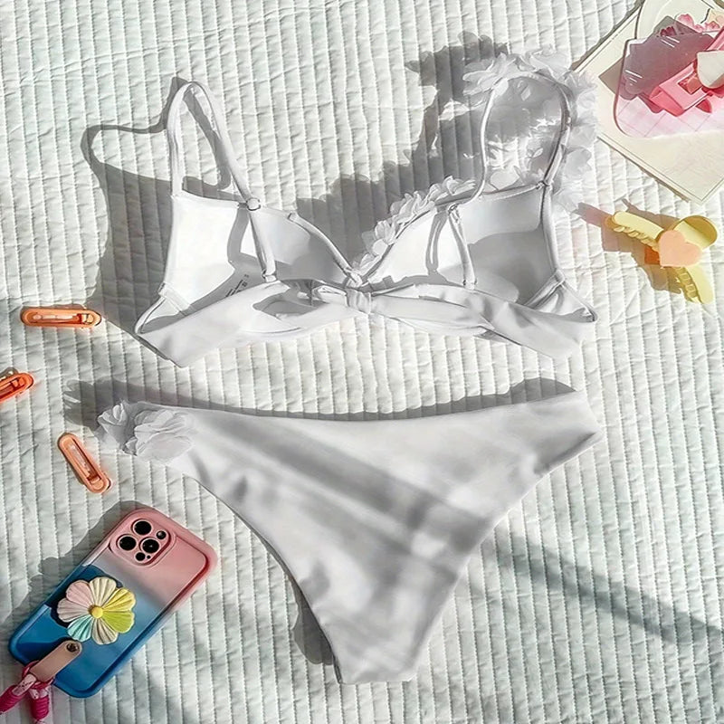 White Mesh Flower Push Up Bikinis Sets
