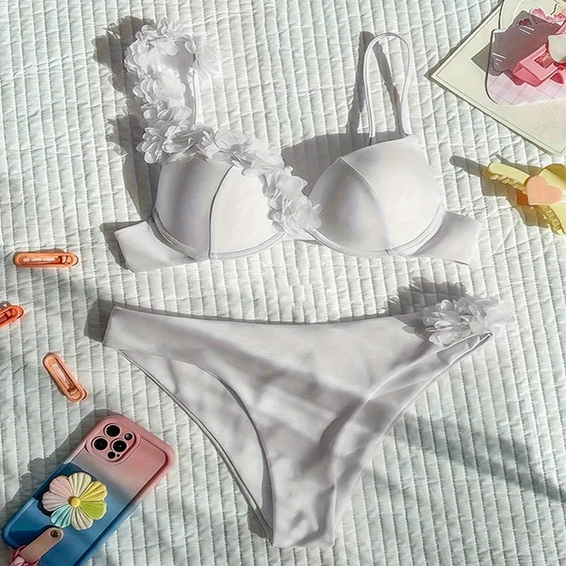 White Mesh Flower Push Up Bikinis Sets