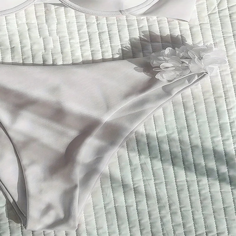 White Mesh Flower Push Up Bikinis Sets