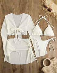 White Red Swimwear Long Sleeve Cover Up Drawstring Skirt 4 Piece Swimsuit Beach Bathing Suit Holiday Swimsuit
