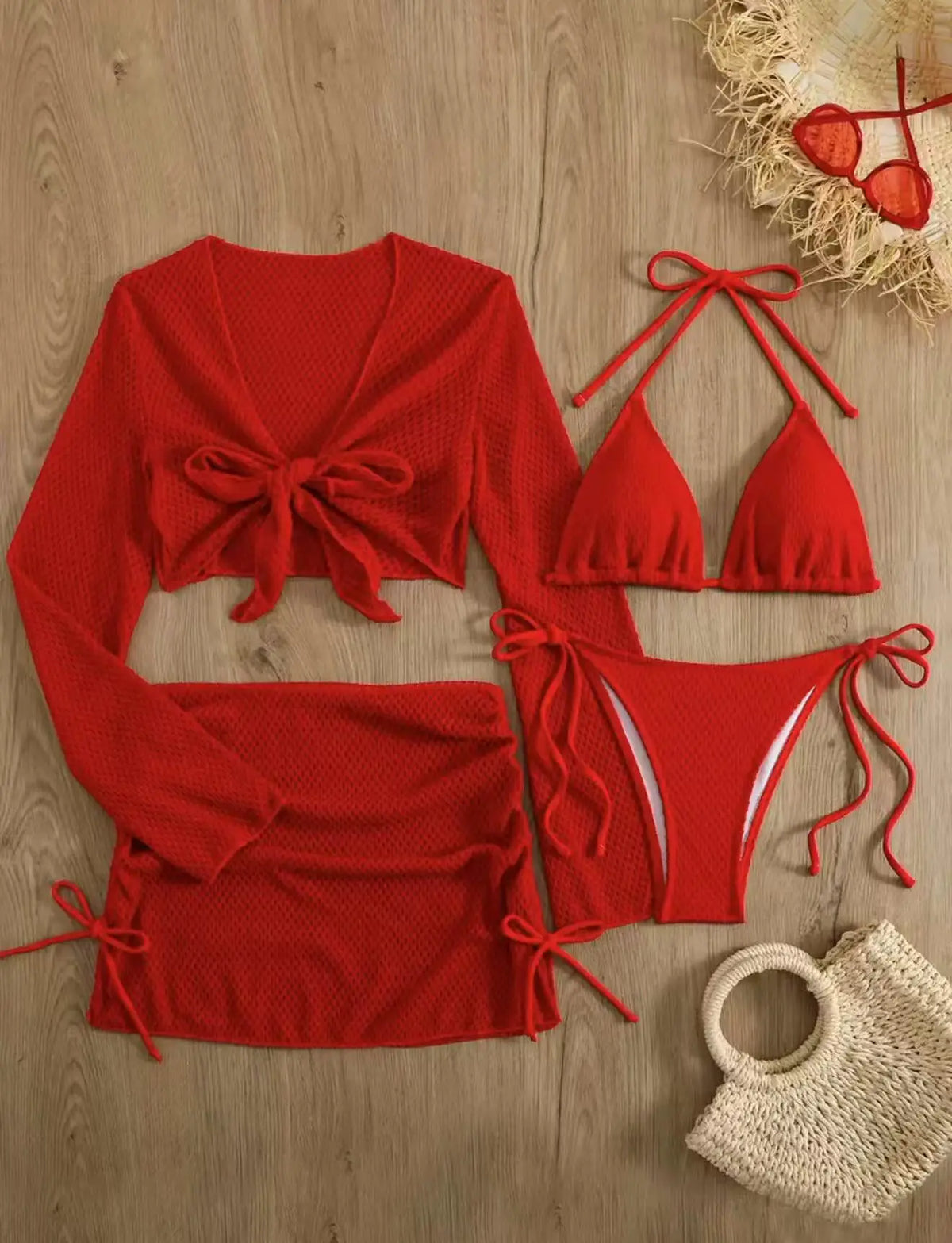 White Red Swimwear Long Sleeve Cover Up Drawstring Skirt 4 Piece Swimsuit Beach Bathing Suit Holiday Swimsuit