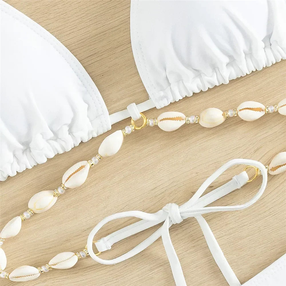 White Shell String Halter Triangle Bikini Set