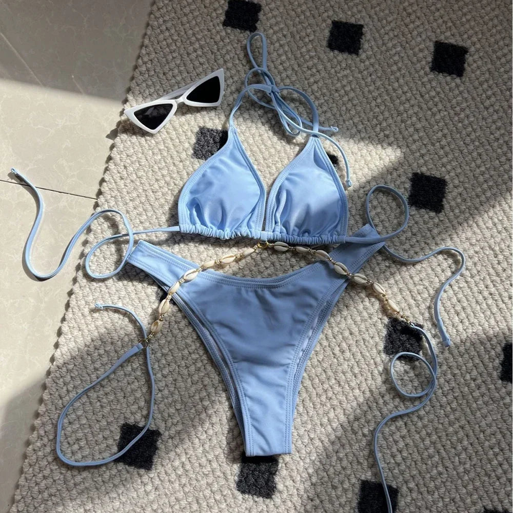 White Shell String Halter Triangle Bikini Set