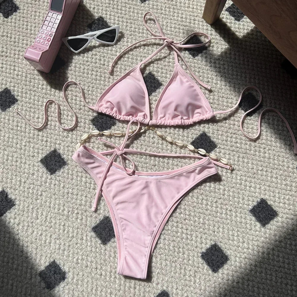 White Shell String Halter Triangle Bikini Set