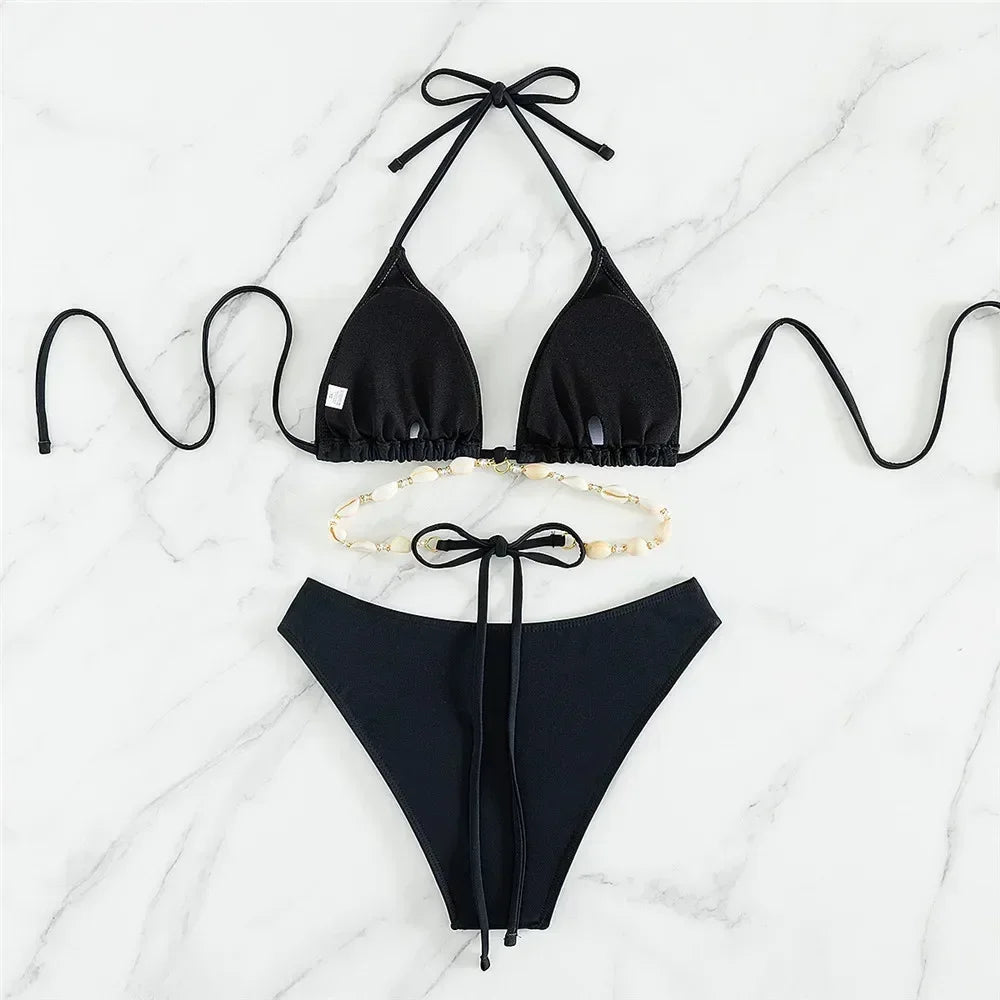 White Shell String Halter Triangle Bikini Set