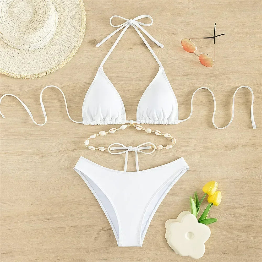 White Shell String Halter Triangle Bikini Set