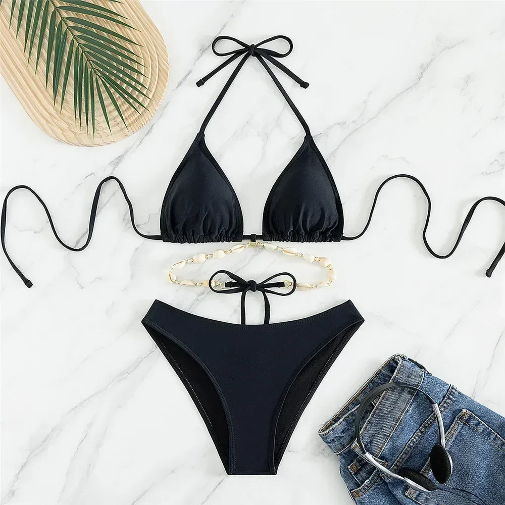 White Shell String Halter Triangle Bikini Set