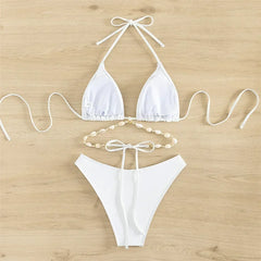 White Shell String Halter Triangle Bikini Set